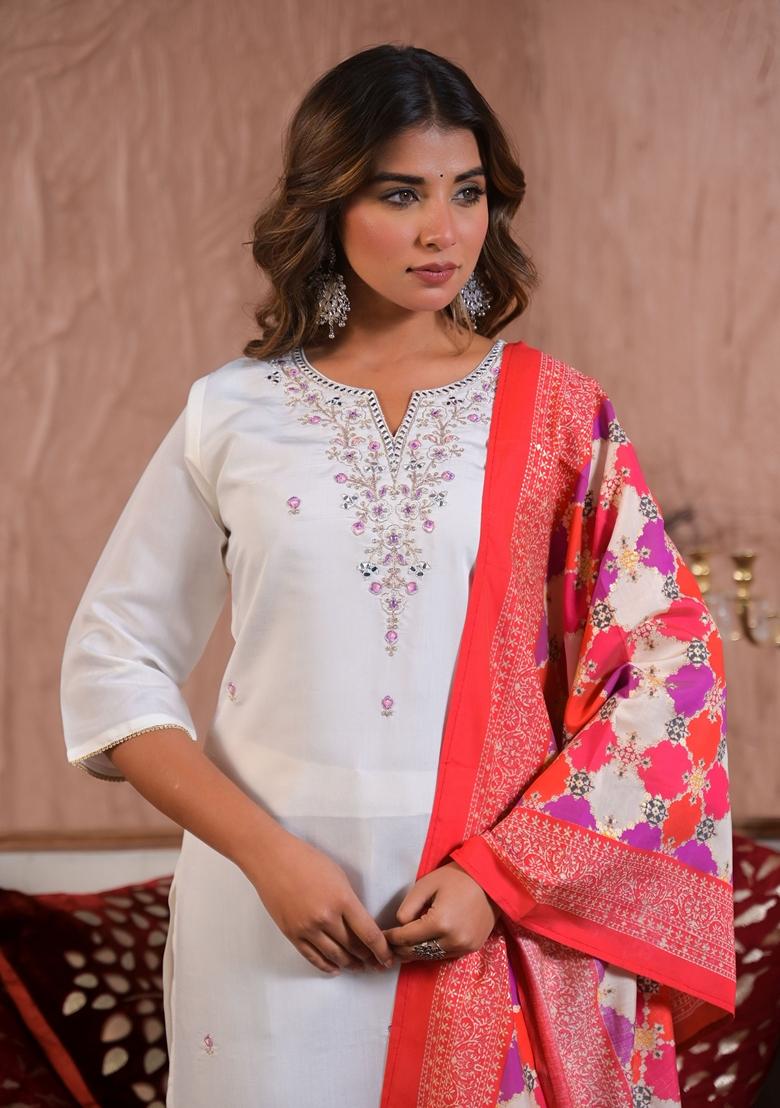 White Embroidered Viscose Salwar Kameez With Dupatta