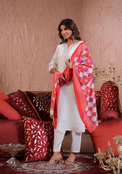 White Embroidered Viscose Salwar Kameez With Dupatta
