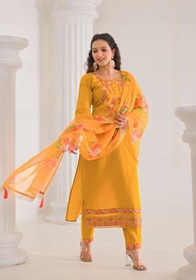 Mustard Yellow Embroidered Viscose Salwar Kameez With Dupatta