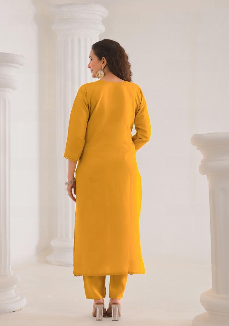 Mustard Yellow Embroidered Viscose Salwar Kameez With Dupatta