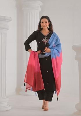 Black Embroidered Viscose Salwar Kameez With Dupatta