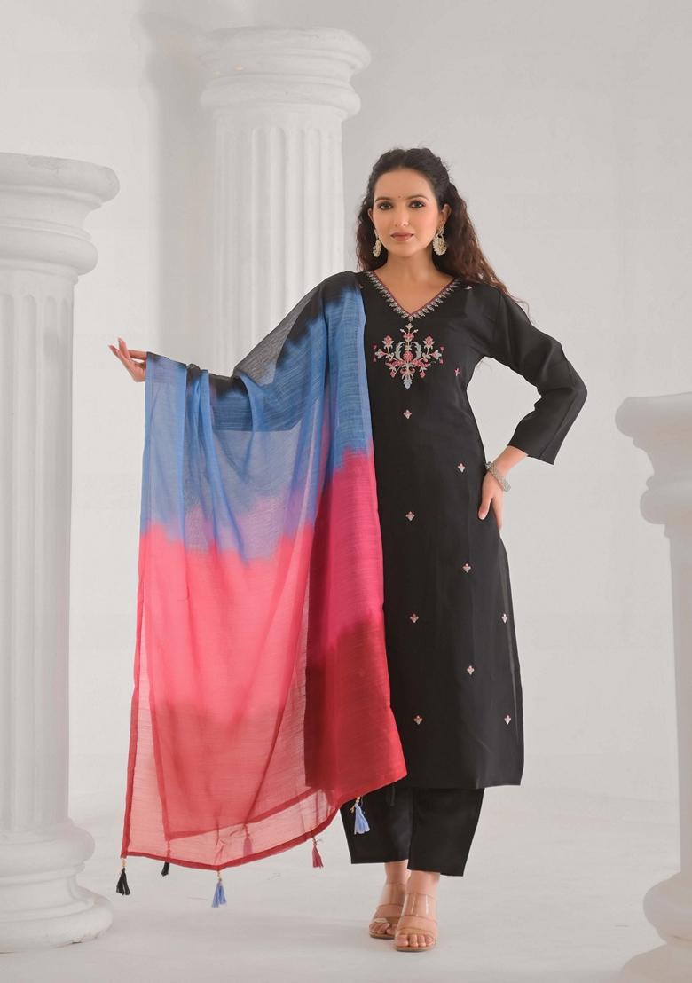 Black Embroidered Viscose Salwar Kameez With Dupatta
