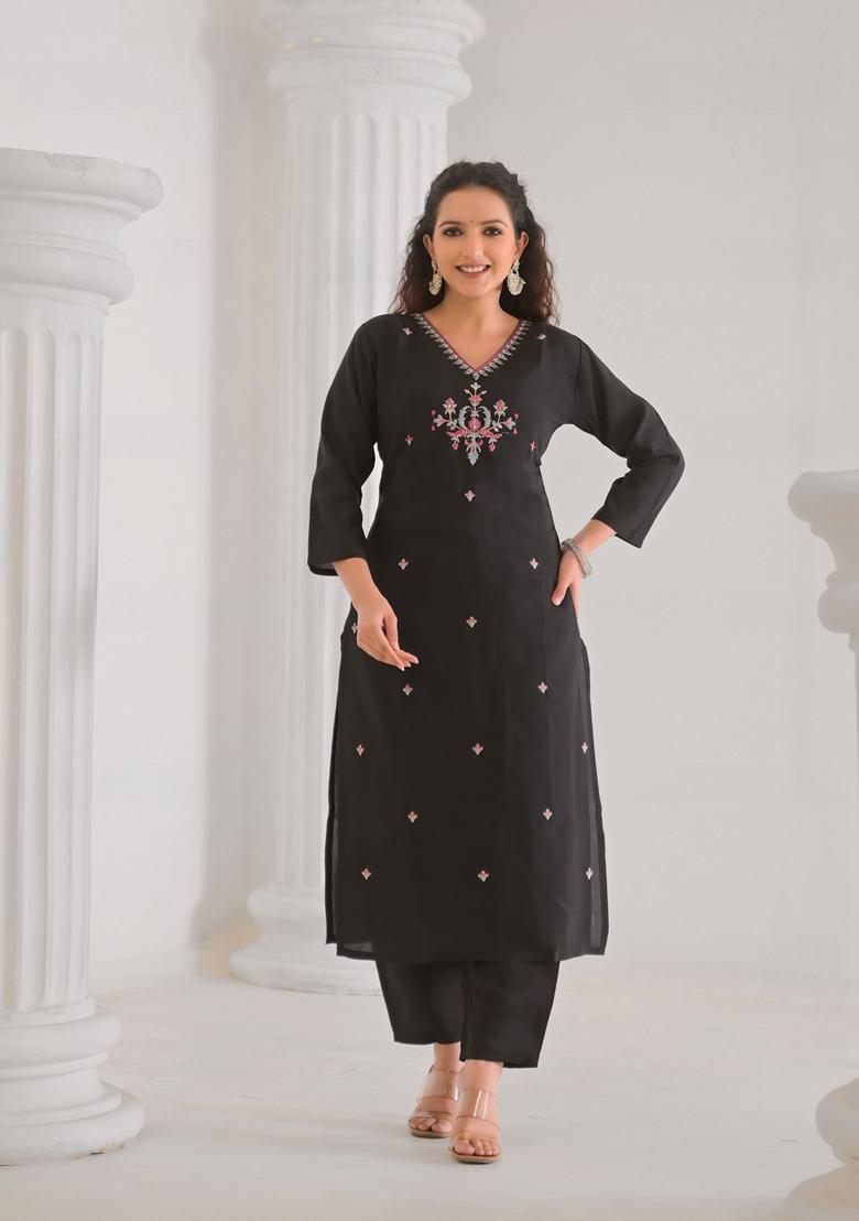 Black Embroidered Viscose Salwar Kameez With Dupatta