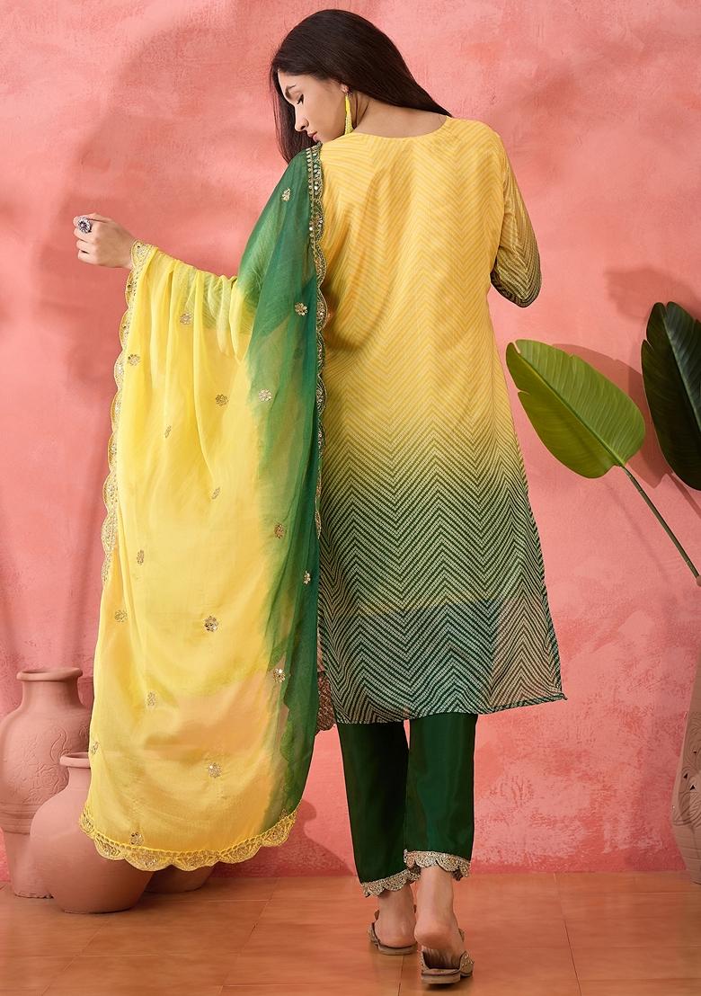 Yellow Printed Art Silk Salwar Kameez With Dupatta