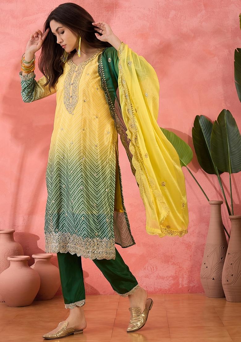 Yellow Printed Art Silk Salwar Kameez With Dupatta