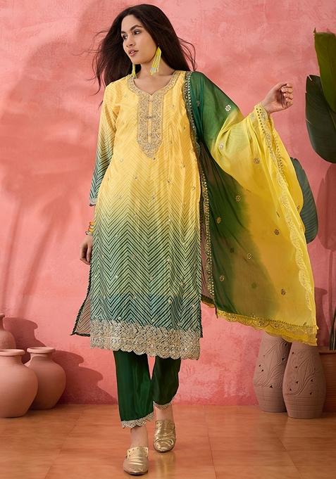 Yellow Printed Art Silk Salwar Kameez With Dupatta