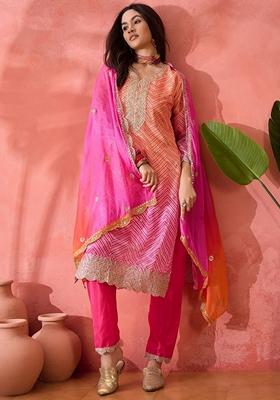 Pink Printed Art Silk Salwar Kameez With Dupatta
