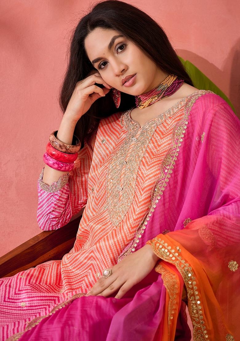 Pink Printed Art Silk Salwar Kameez With Dupatta
