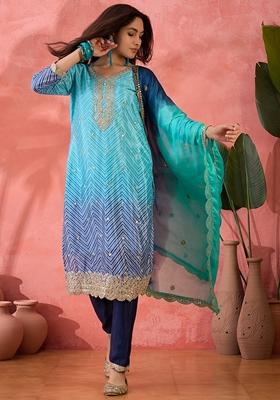 Blue Printed Art Silk Salwar Kameez With Dupatta