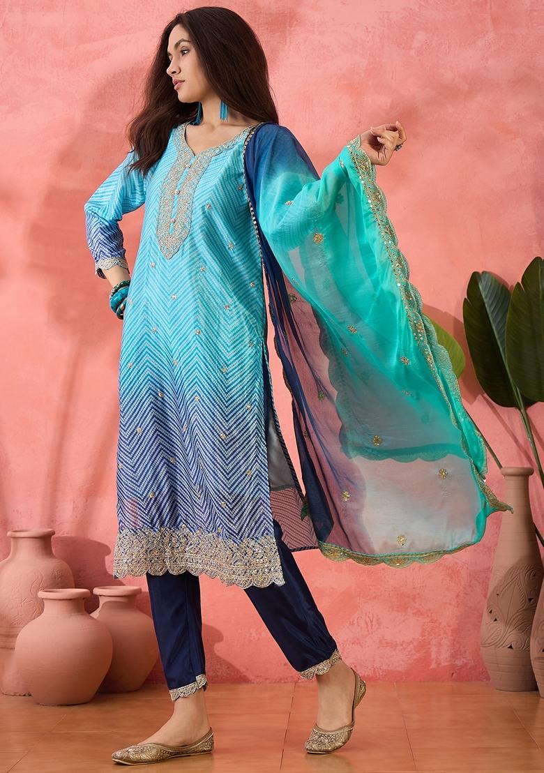 Blue Printed Art Silk Salwar Kameez With Dupatta