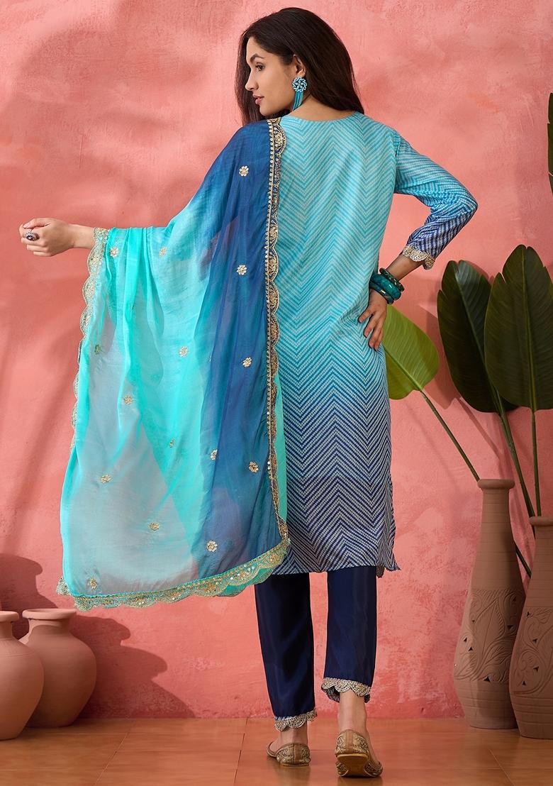 Blue Printed Art Silk Salwar Kameez With Dupatta