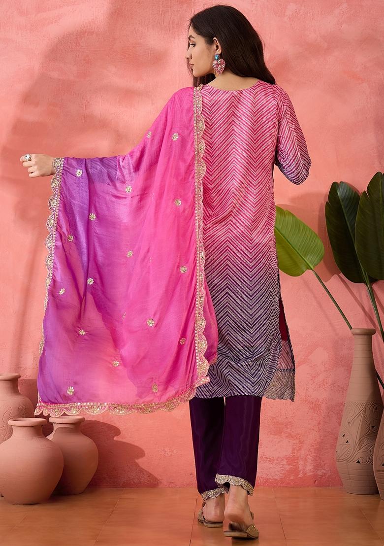 Purple Printed Art Silk Salwar Kameez With Dupatta