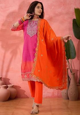 Orange Printed Art Silk Salwar Kameez With Dupatta