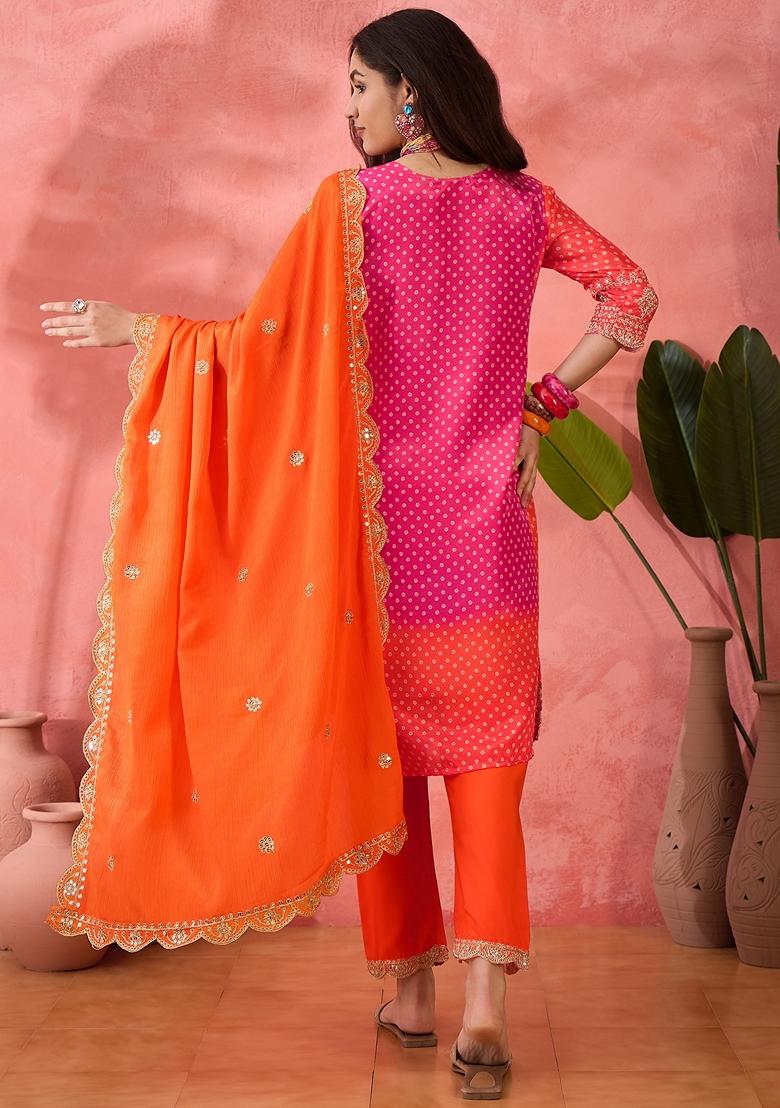 Orange Printed Art Silk Salwar Kameez With Dupatta