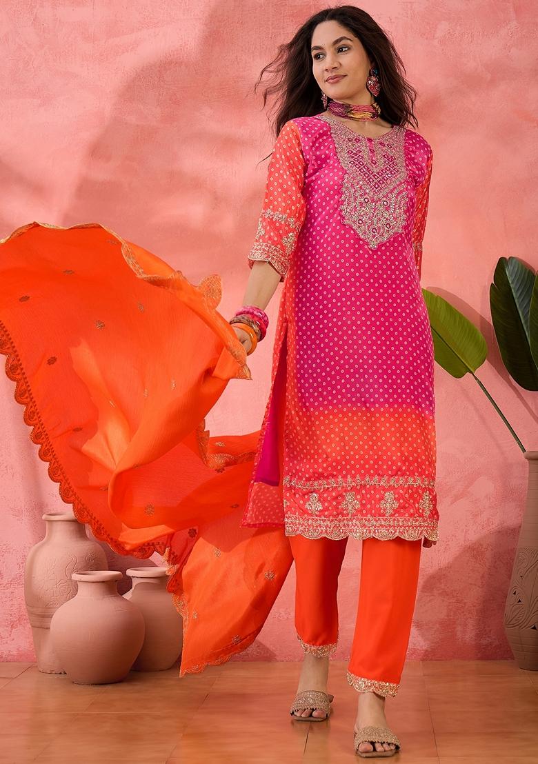 Orange Printed Art Silk Salwar Kameez With Dupatta