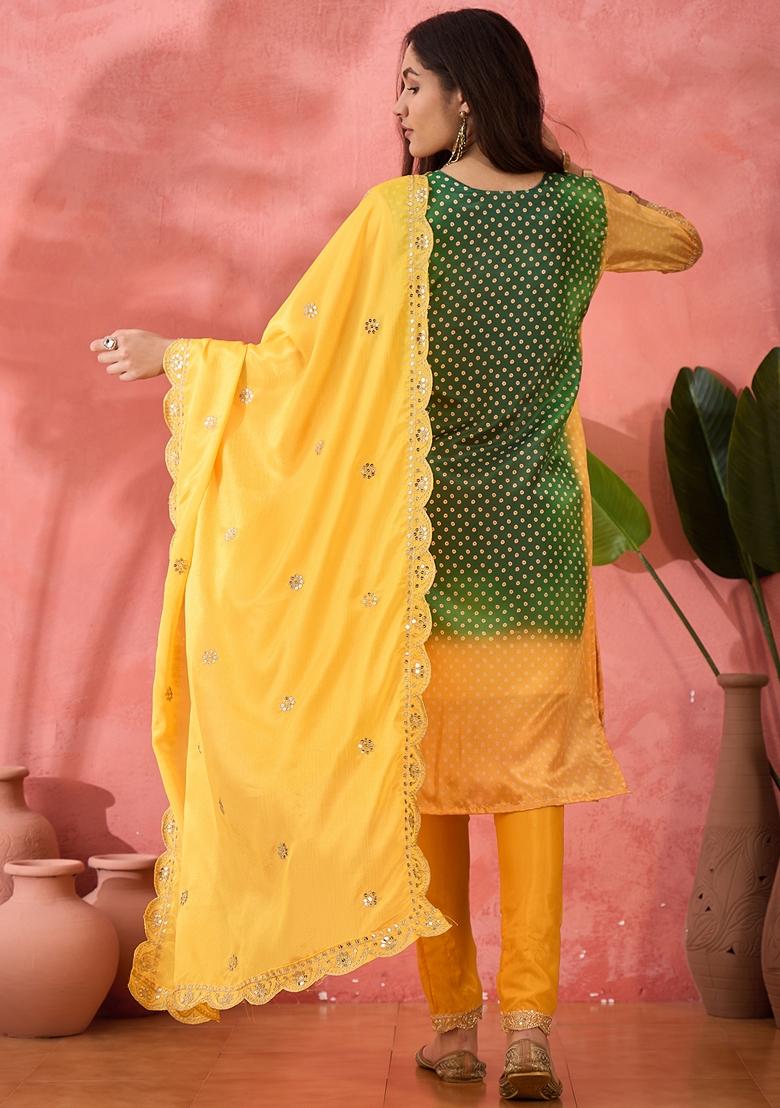Yellow Printed Art Silk Salwar Kameez With Dupatta