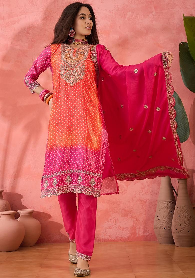 Pink Printed Art Silk Salwar Kameez With Dupatta