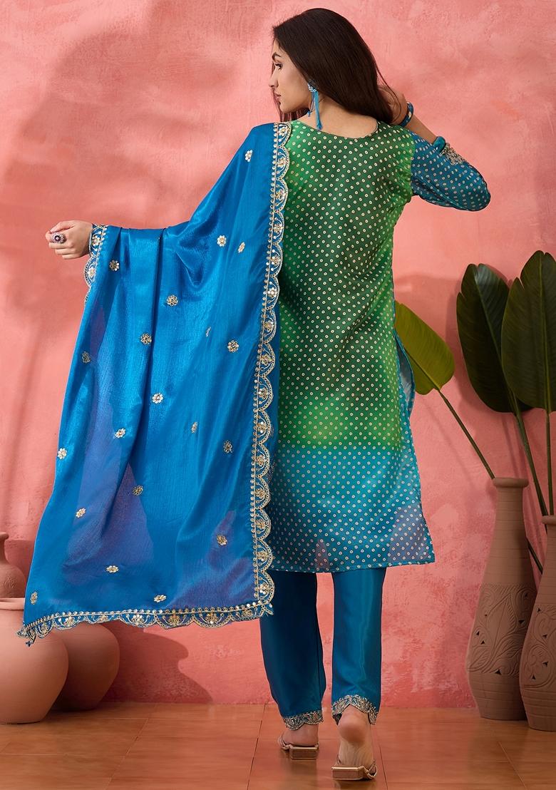 Blue Printed Art Silk Salwar Kameez With Dupatta