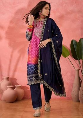 Navy Blue Printed Art Silk Salwar Kameez With Dupatta