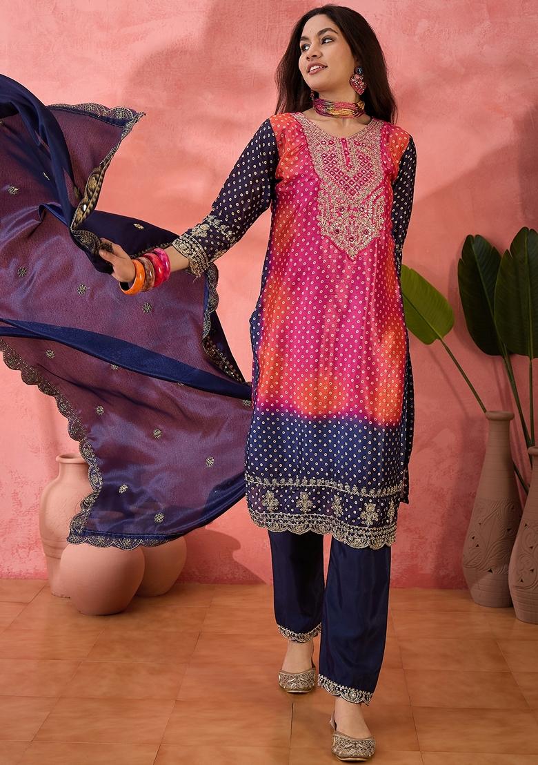 Navy Blue Printed Art Silk Salwar Kameez With Dupatta