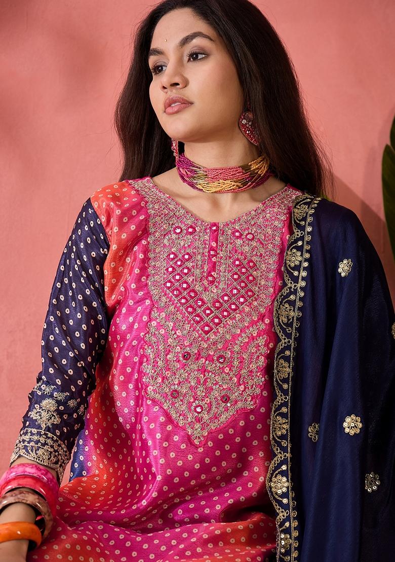 Navy Blue Printed Art Silk Salwar Kameez With Dupatta