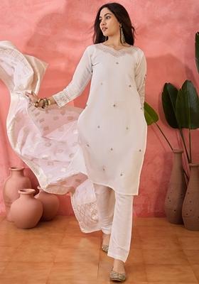 Off White Woven Art Silk Salwar Kameez With Dupatta