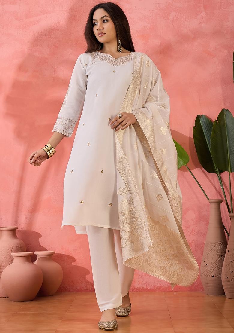 Off White Woven Art Silk Salwar Kameez With Dupatta