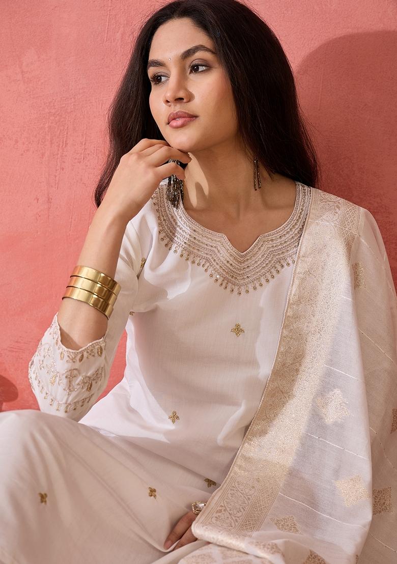 Off White Woven Art Silk Salwar Kameez With Dupatta