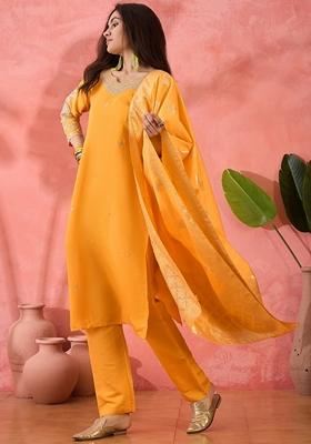 Yellow Woven Art Silk Salwar Kameez With Dupatta