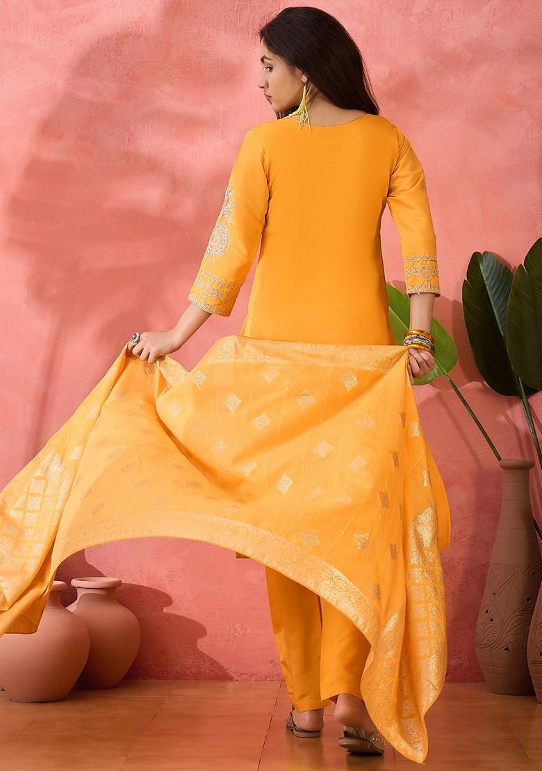 Yellow Woven Art Silk Salwar Kameez With Dupatta