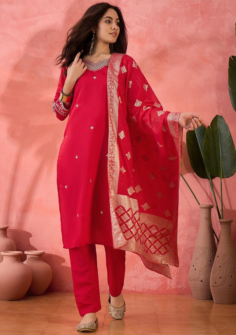 Pink Woven Art Silk Salwar Kameez With Dupatta