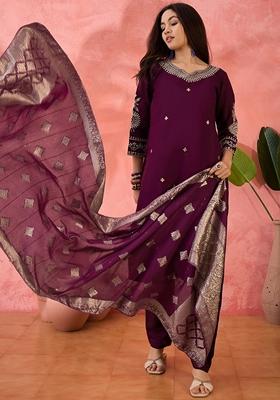 Wine Woven Art Silk Salwar Kameez With Dupatta