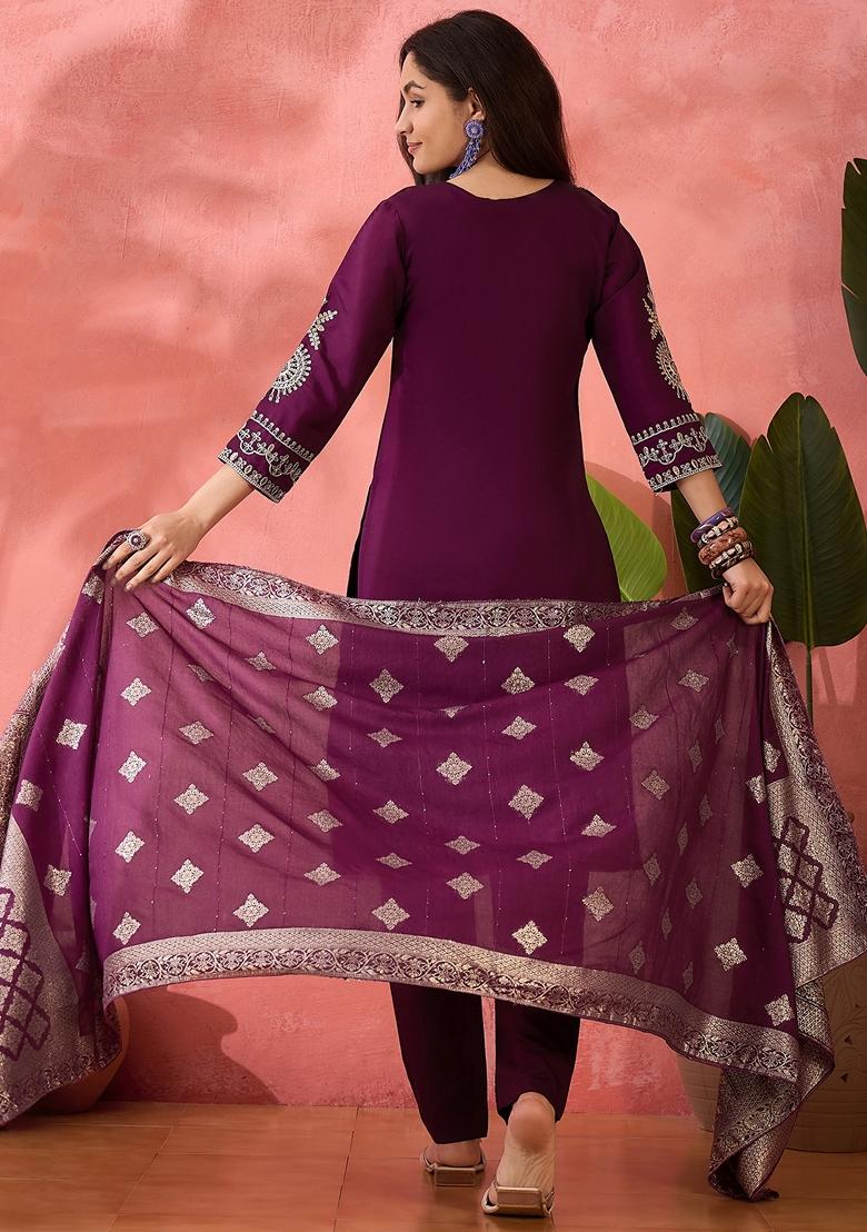 Wine Woven Art Silk Salwar Kameez With Dupatta