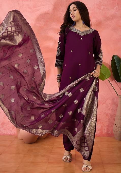 Wine Woven Art Silk Salwar Kameez With Dupatta