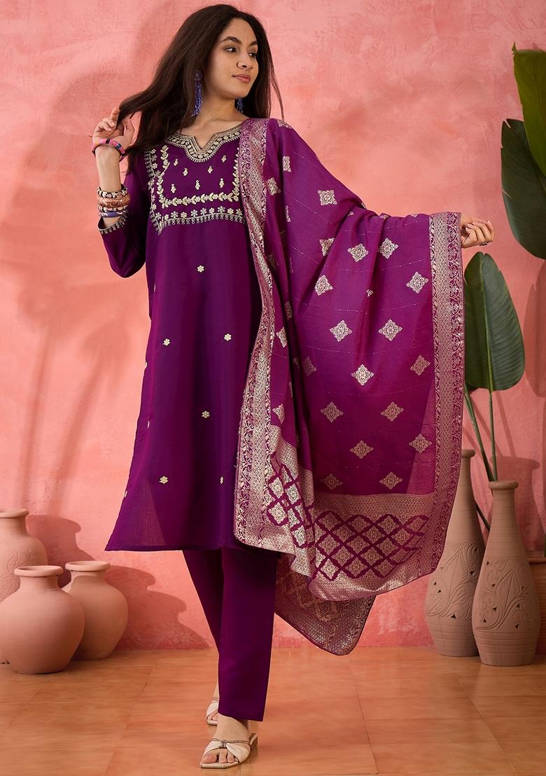 Purple Woven Art Silk Salwar Kameez With Dupatta