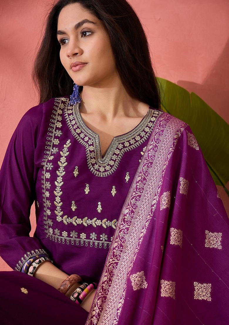 Purple Woven Art Silk Salwar Kameez With Dupatta