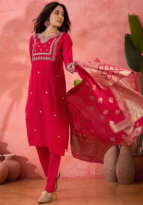 Pink Woven Art Silk Salwar Kameez With Dupatta