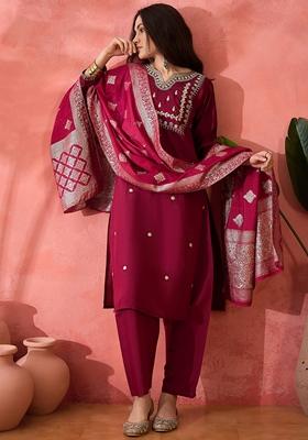 Maroon Woven Art Silk Salwar Kameez With Dupatta