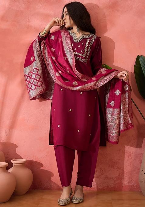 Maroon Woven Art Silk Salwar Kameez With Dupatta