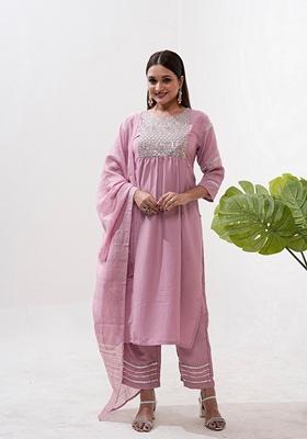 Pink Embroidered Art Silk Salwar Kameez With Dupatta
