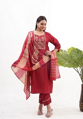 Maroon Embroidered Art Silk Salwar Kameez With Dupatta