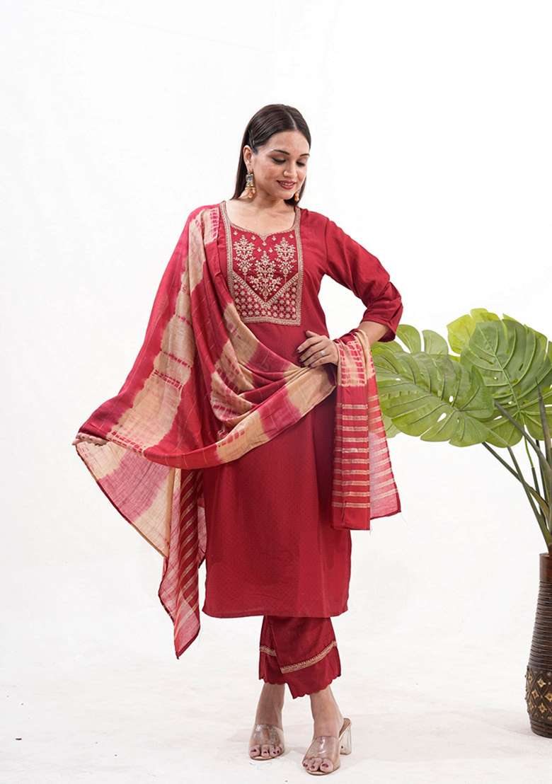 Maroon Embroidered Silk Straight Kurta Set - Indya