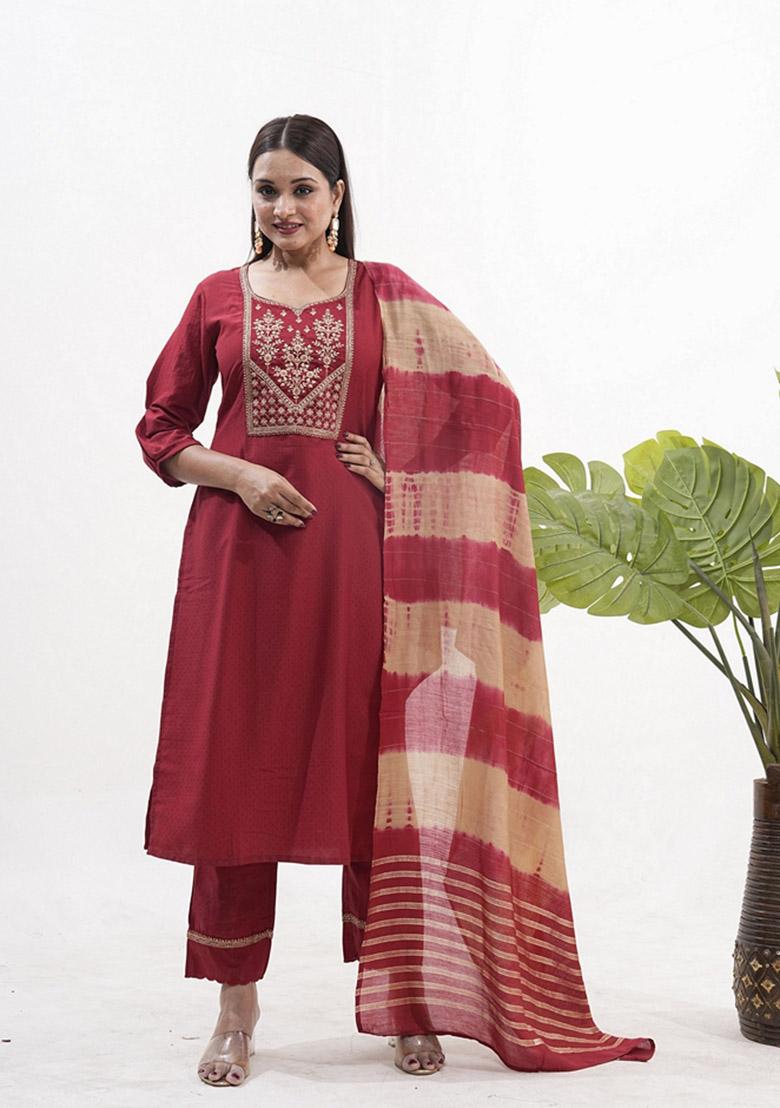 Maroon Embroidered Art Silk Salwar Kameez With Dupatta
