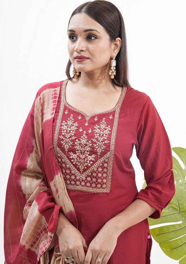 Maroon Embroidered Art Silk Salwar Kameez With Dupatta