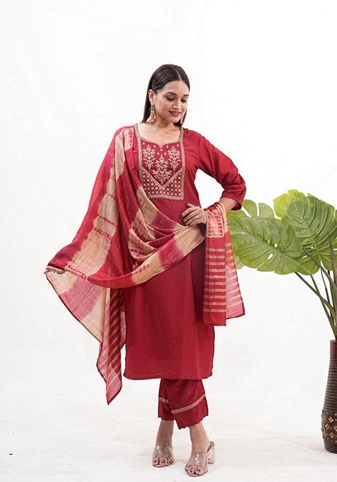 Maroon Embroidered Art Silk Salwar Kameez With Dupatta