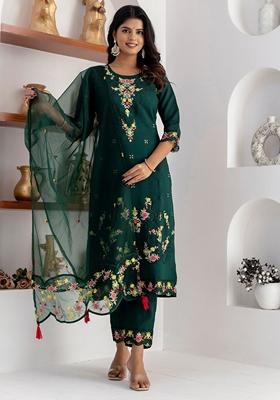 Green Embroidered Art Silk Salwar Kameez With Dupatta