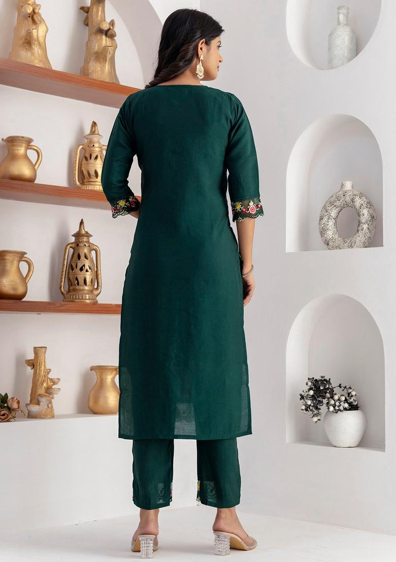 Green Embroidered Art Silk Salwar Kameez With Dupatta
