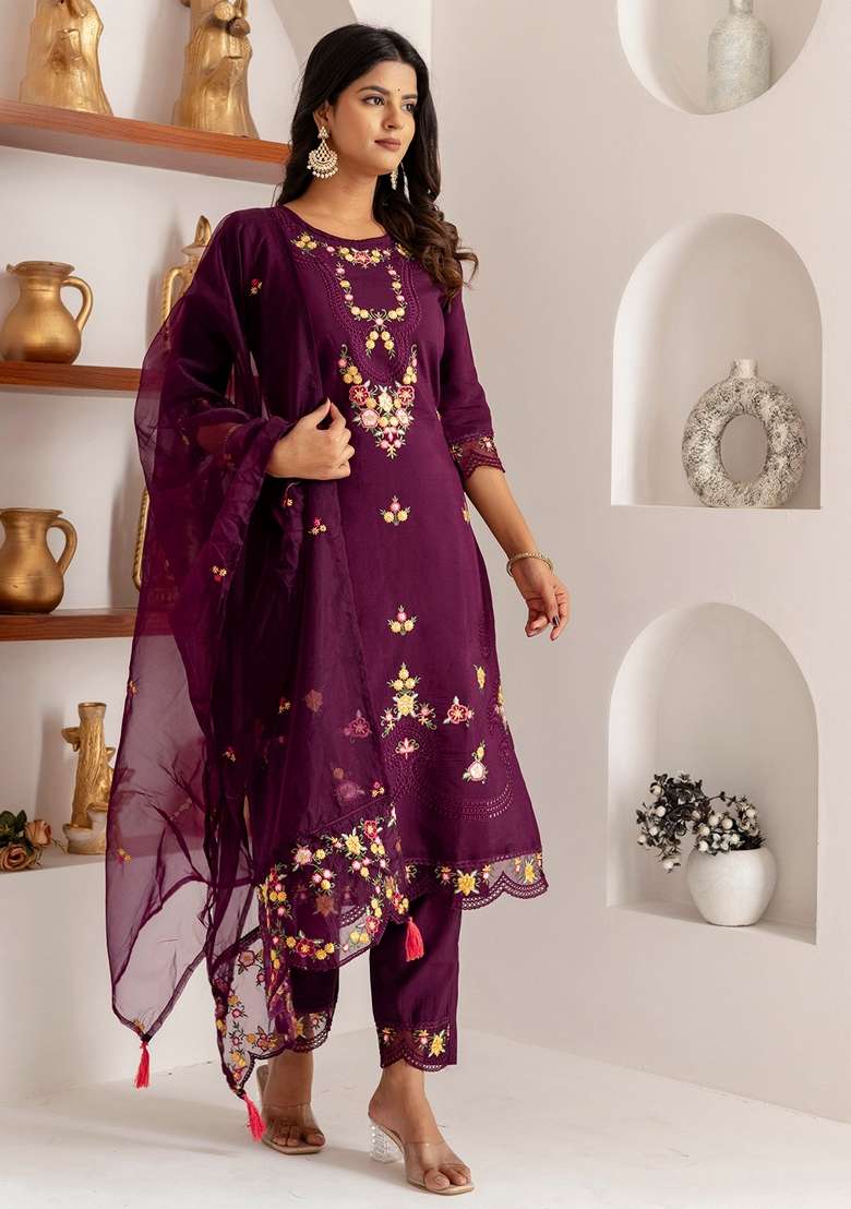 Purple Embroidered Silk Straight Kurta Set - Indya