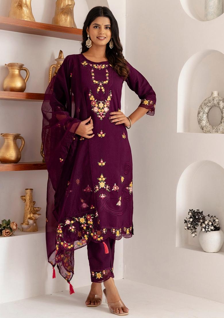 Purple Embroidered Art Silk Salwar Kameez With Dupatta