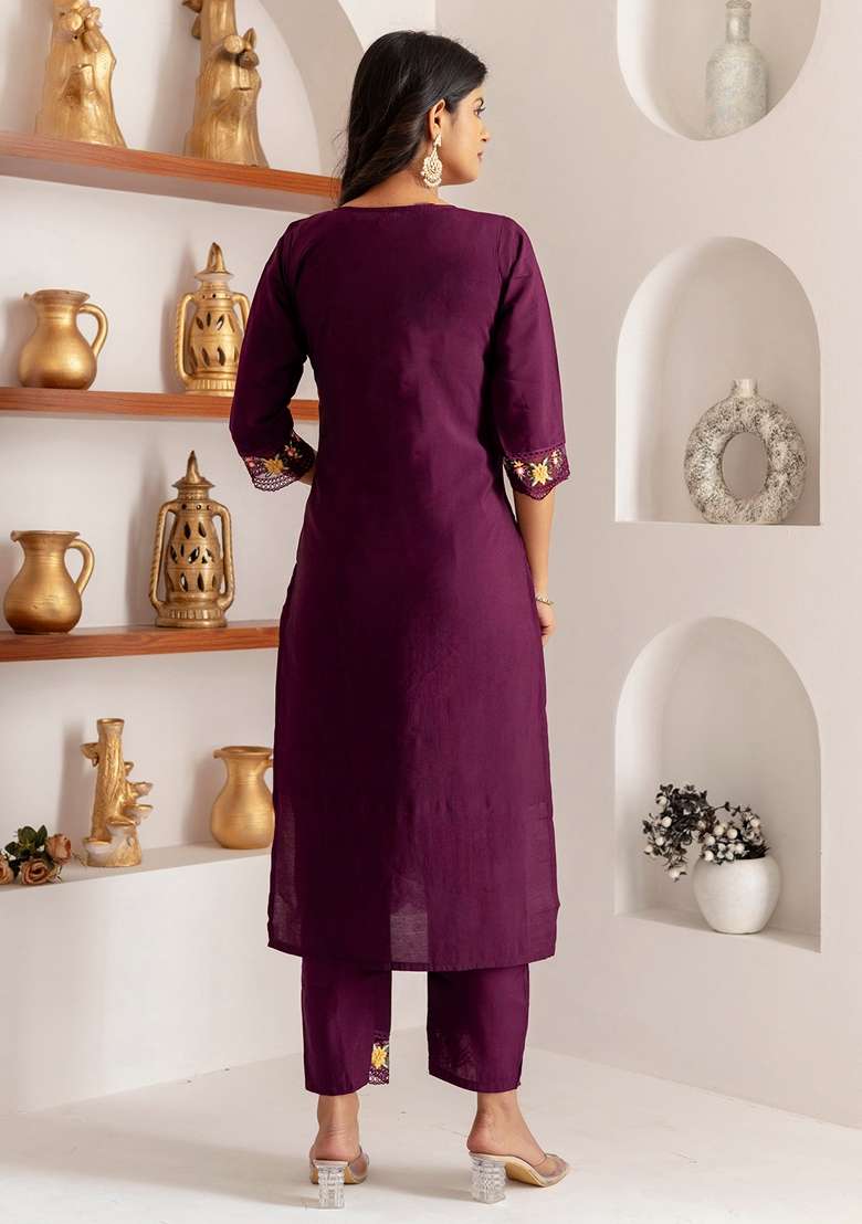 Purple Embroidered Silk Straight Kurta Set - Indya